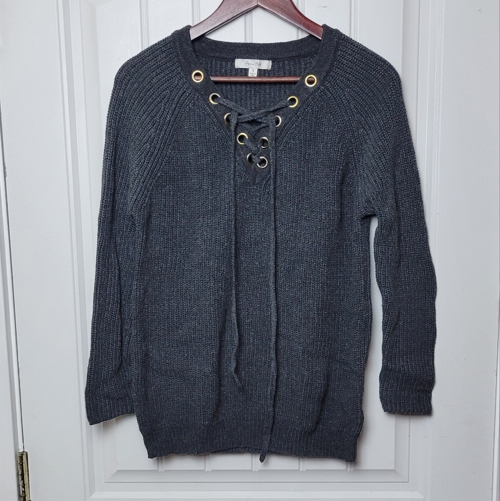 Active USA Gray Knit Lace Up Sweater